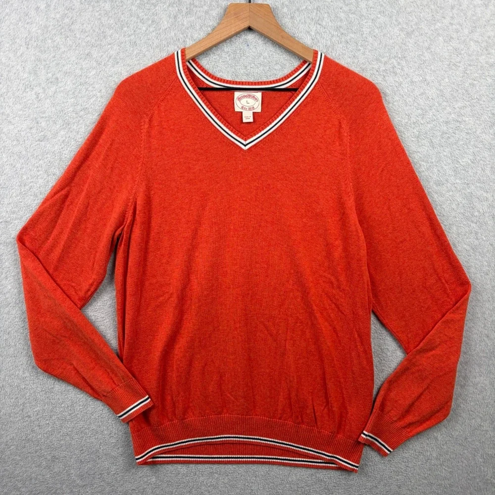 Brooks Brothers Sweater Mens Large Orange V-Neck Tipped Wool Blend Preppy